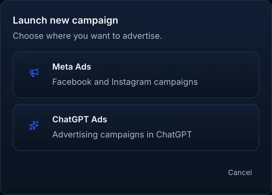 SROS launch platform selector with Meta Ads and ChatGPT Ads.